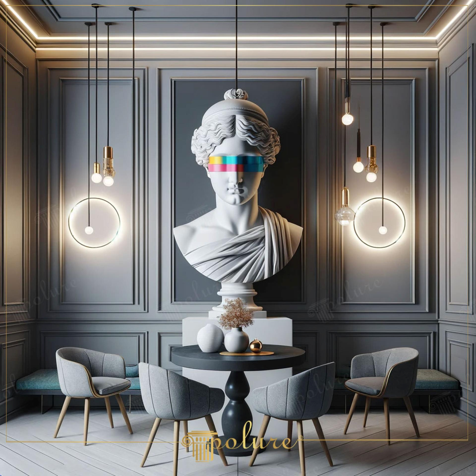 Salon modern cu panouri decorative din poliuretan P851350, bust clasic si iluminat suspendat pe perete gri