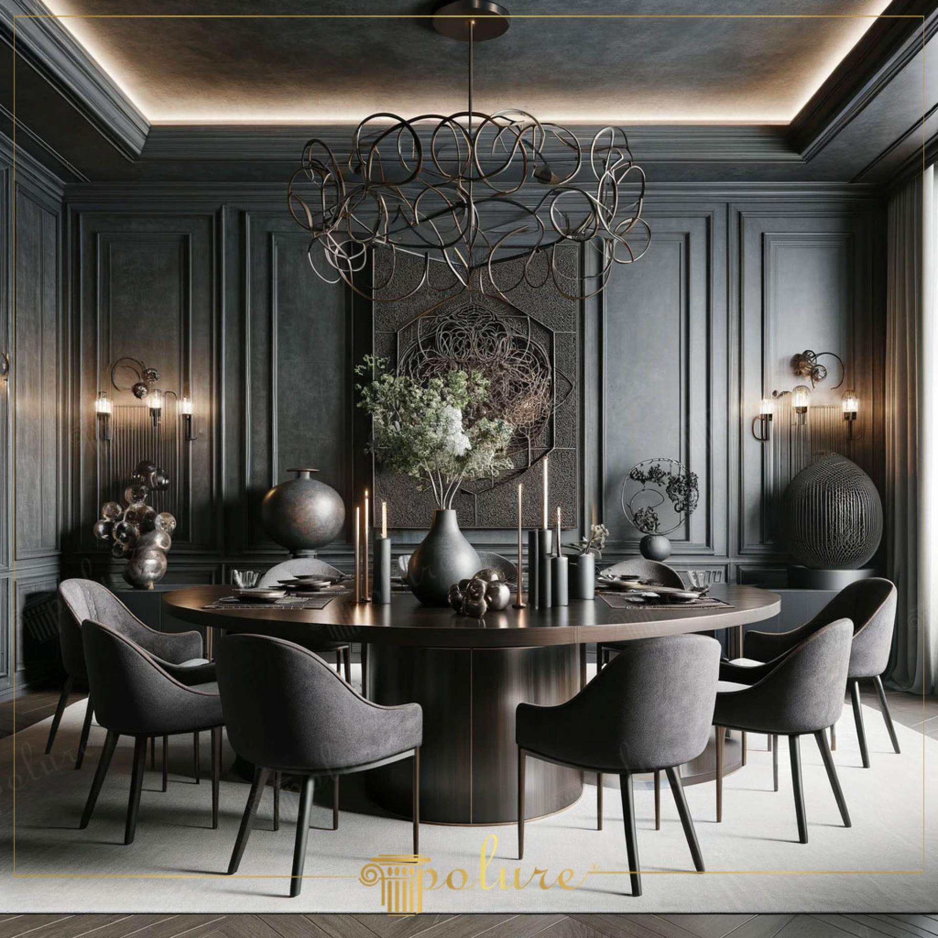 Amenajare dining neoclasic cu pereți antrasit decorați cu profile din poliuretan și masă rotundă.