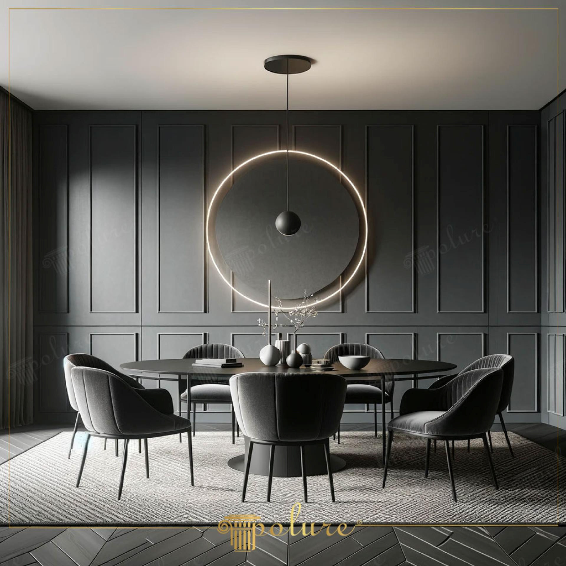 Dining modern cu perete antracit decorat cu profile din poliuretan în ancadramente dreptunghiulare și cerc luminos.