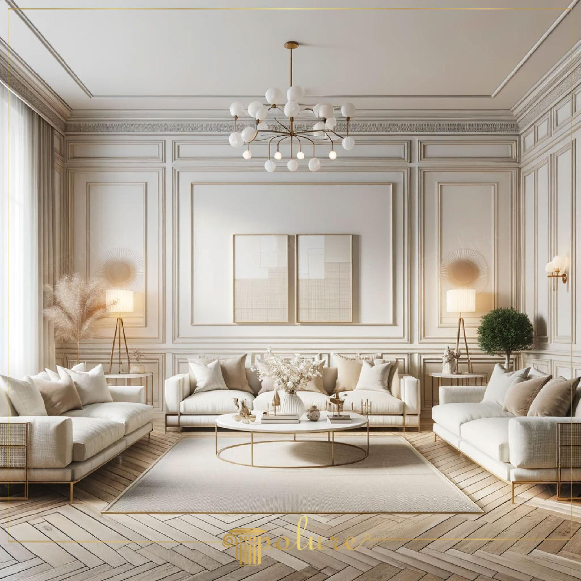 Amenajare living clasic reinterpretat cu profile din poliuretan, baghete decorative si ancadramente duble pe perete