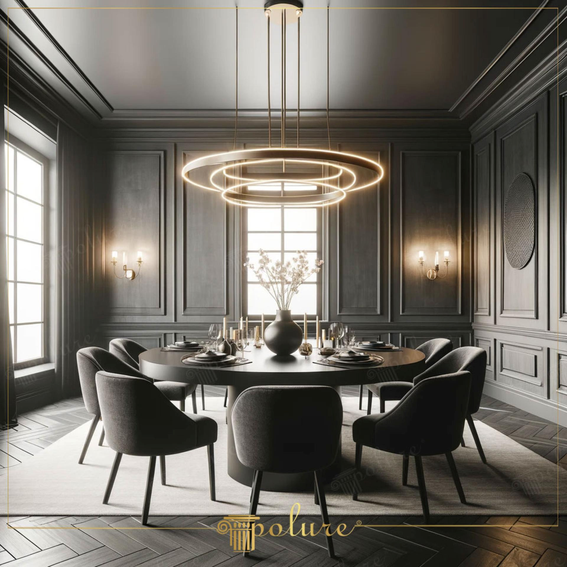 Sufragerie modernă cu panouri din poliuretan antracit pe pereți, masă rotundă de dining și candelabru circular
