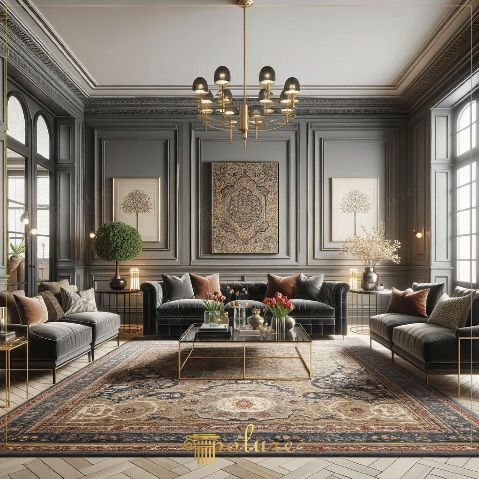 Living elegant cu profile din poliuretan pe perete gri, canapea din catifea si candelabru metalic clasic