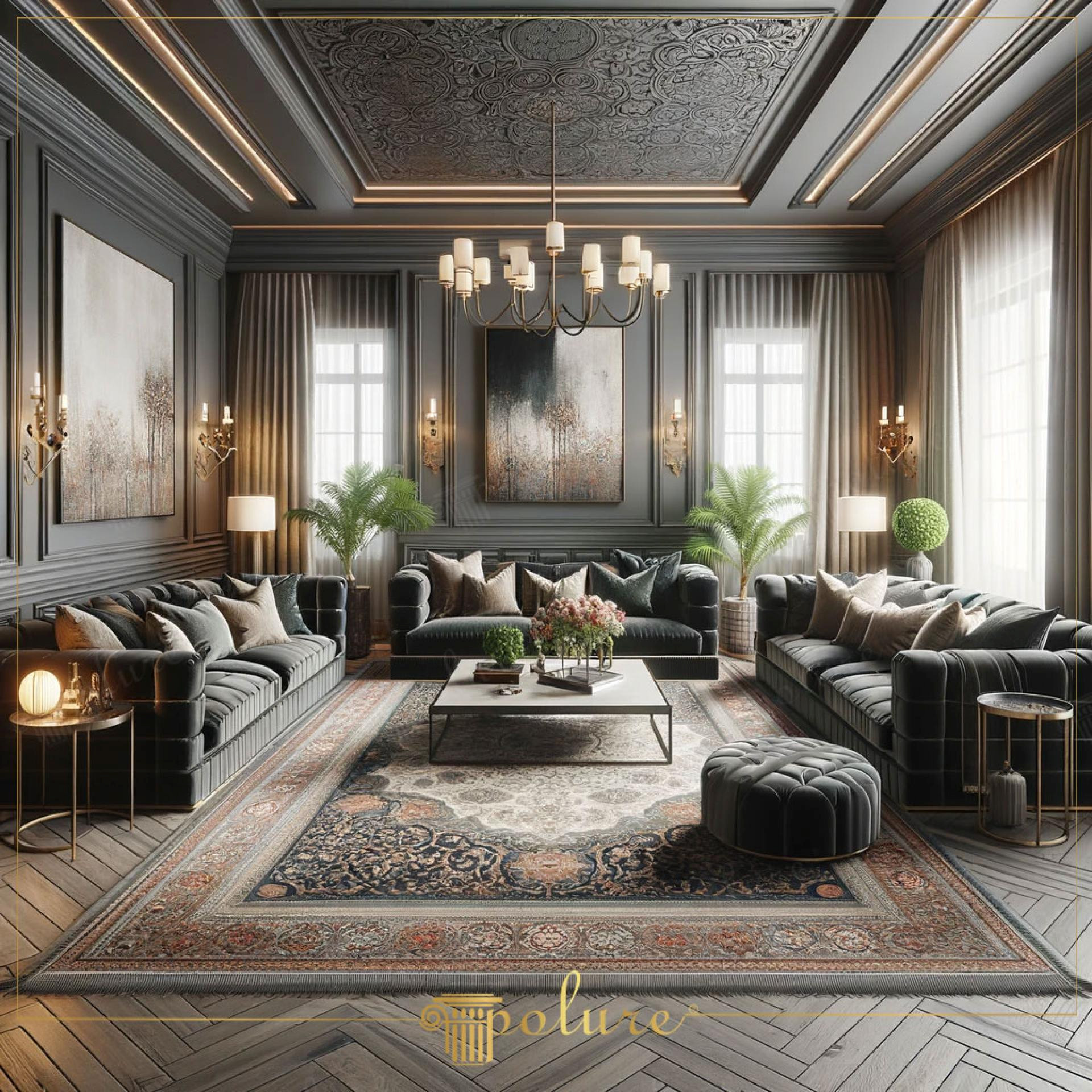 Panouri decorative din profile de poliuretan pe perete gri antracit în living neoclasic cu candelabru din alamă.