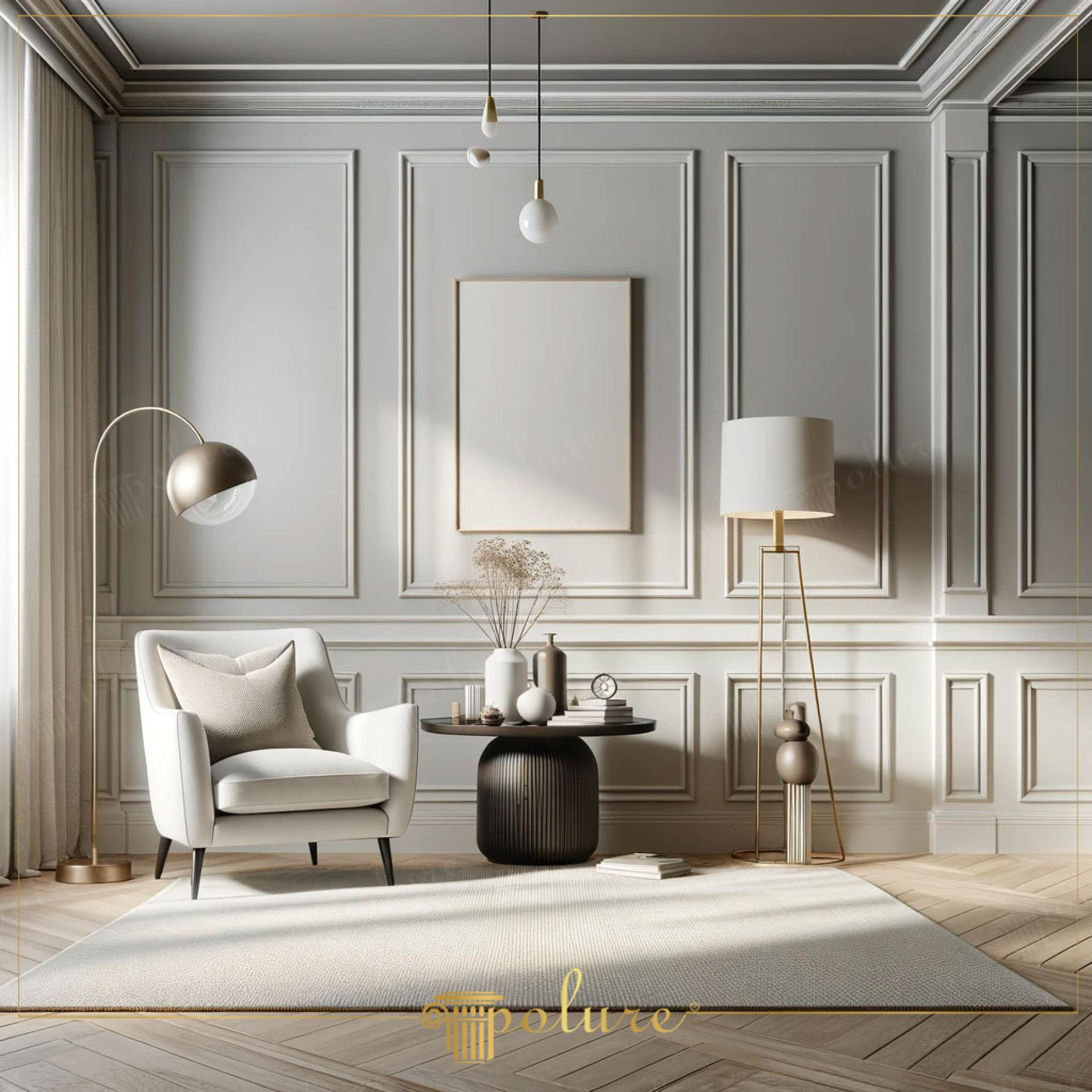 Living modern cu perete decorat cu casete și profile din poliuretan gri, fotoliu alb și iluminat elegant.