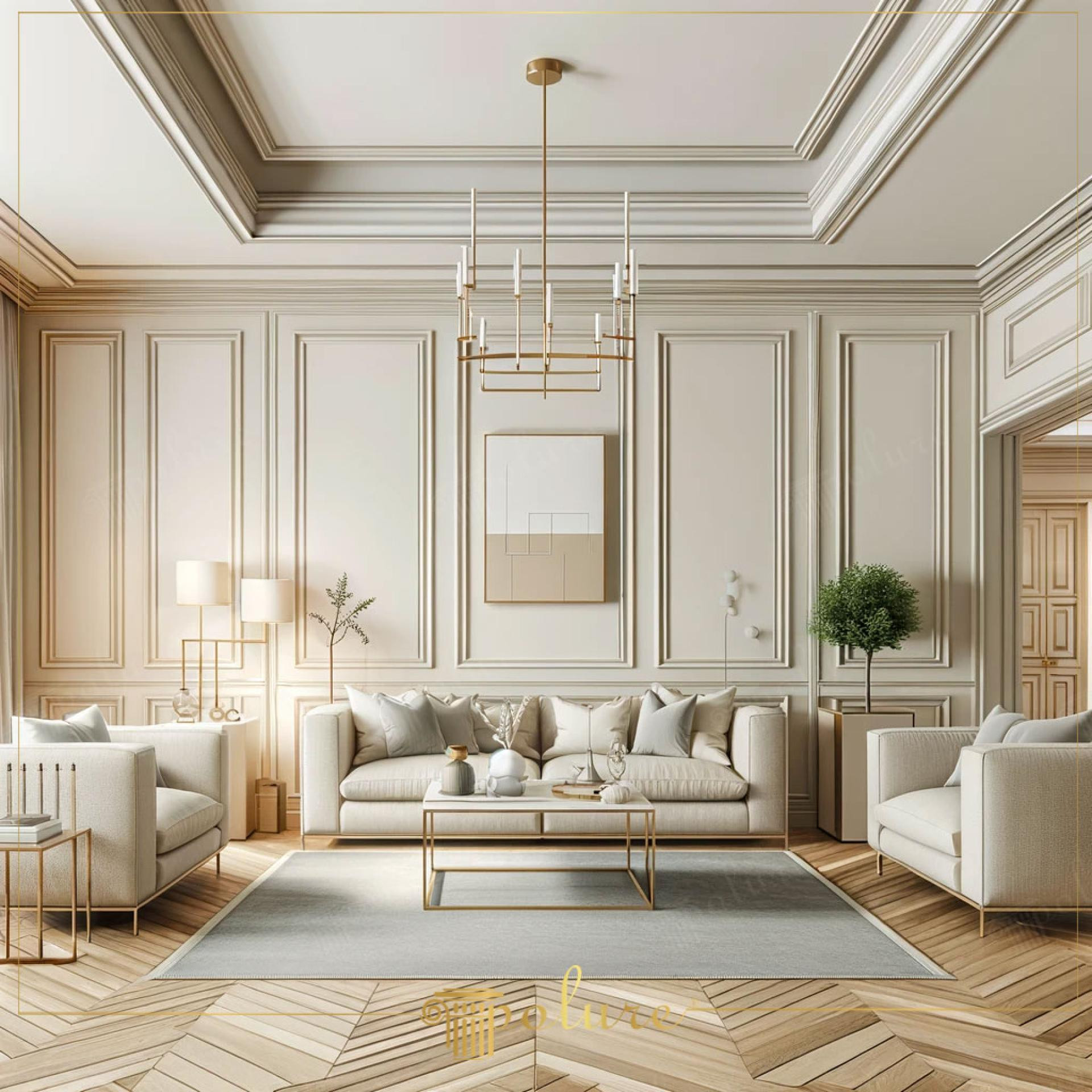 Amenajare living luminos cu profile din poliuretan pe perete, canapea bej, mobilier neutru și parchet spicuat.