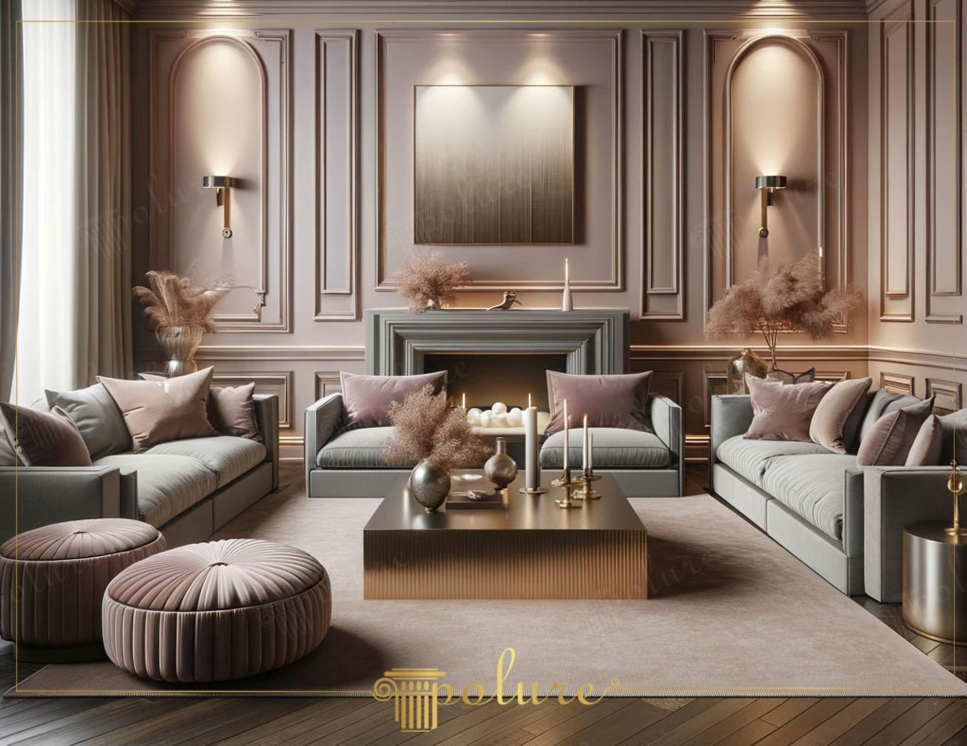 Design de living modern cu chenare din profil poliuretan pe perete, șemineu central și nuanțe calde pastelate.