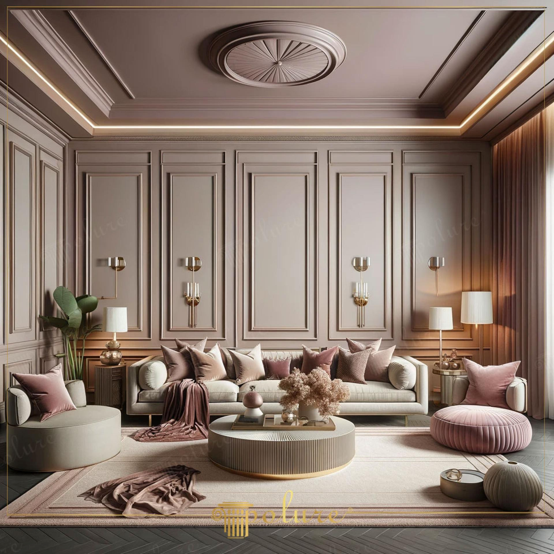Amenajare living clasic reinterpretat cu stucaturi din poliuretan, panouri parietale decorative și iluminat indirect.