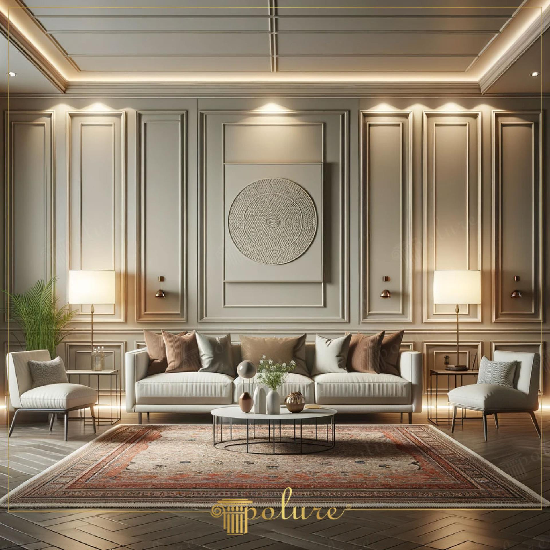 Perete decorat cu profiluri din poliuretan P85002 și P85003 în stil clasic reinterpretat într-un living modern.