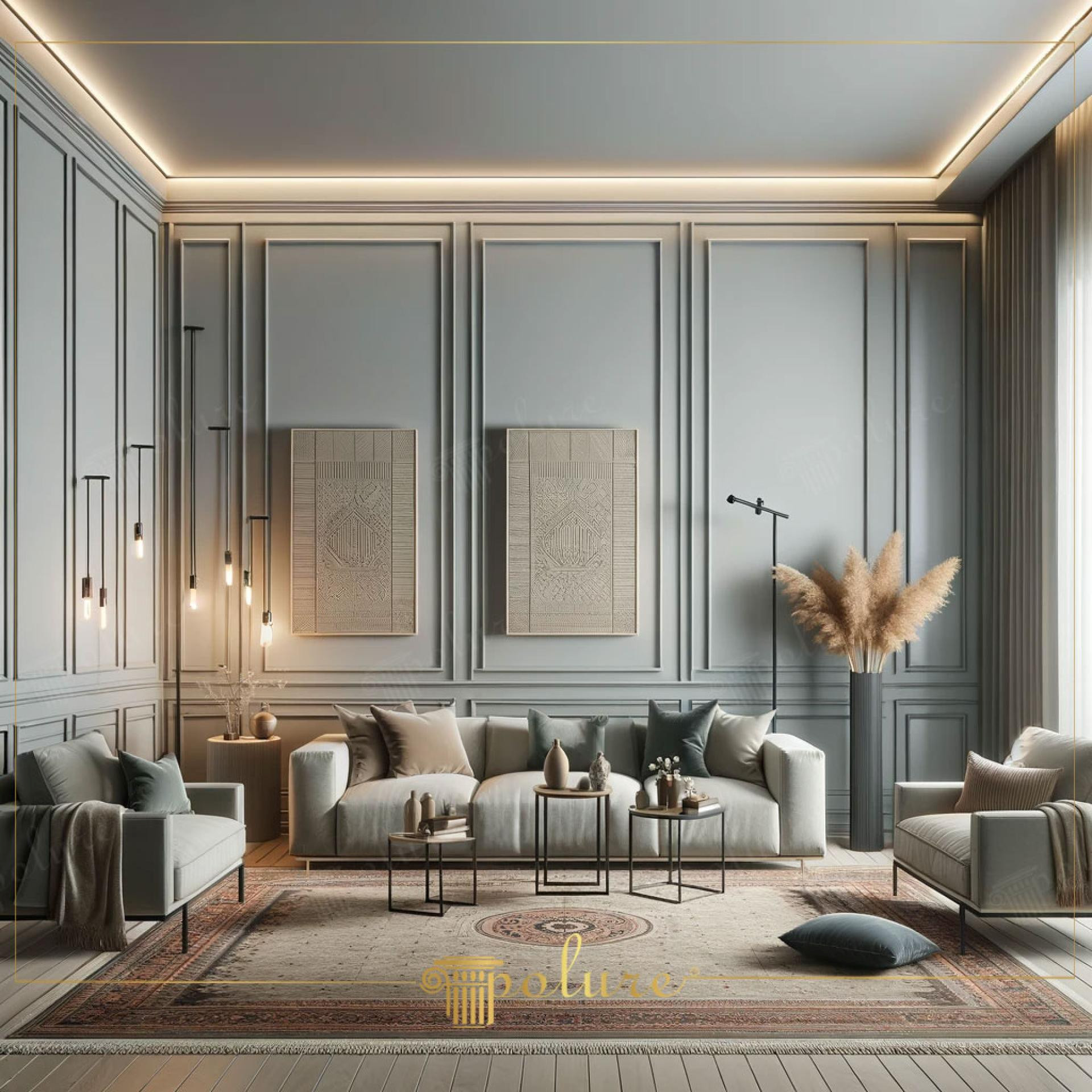 Perete living decorat cu baghete din poliuretan gri, iluminat LED încastrat și mobilier modern într-un spațiu sobru.