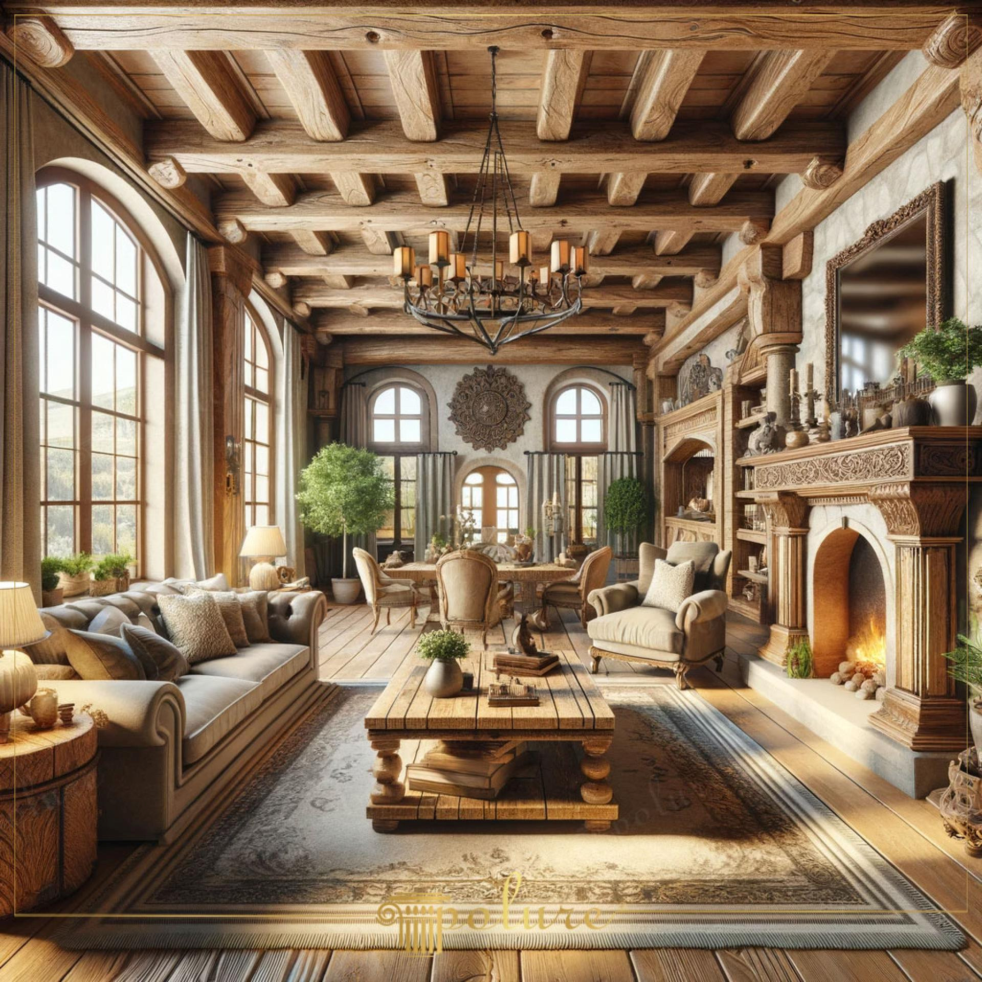Living rustic cu grinzi și căpriori din poliuretan P1981 pe tavan înalt, șemineu din piatră și mobilier din lemn