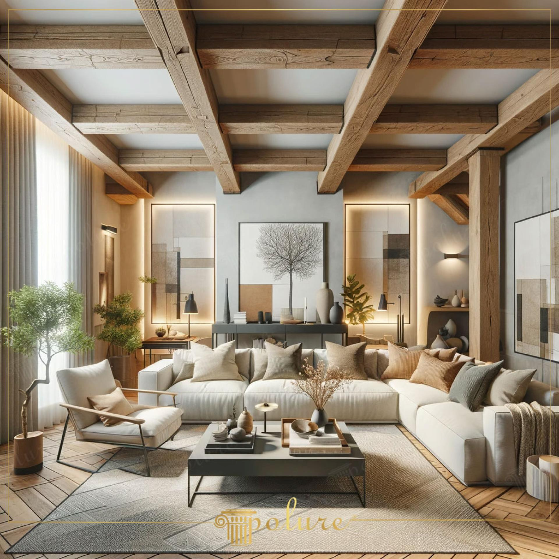 Tavan casetat din grinzi decorative din poliuretan în stil rustic modern pentru decor living