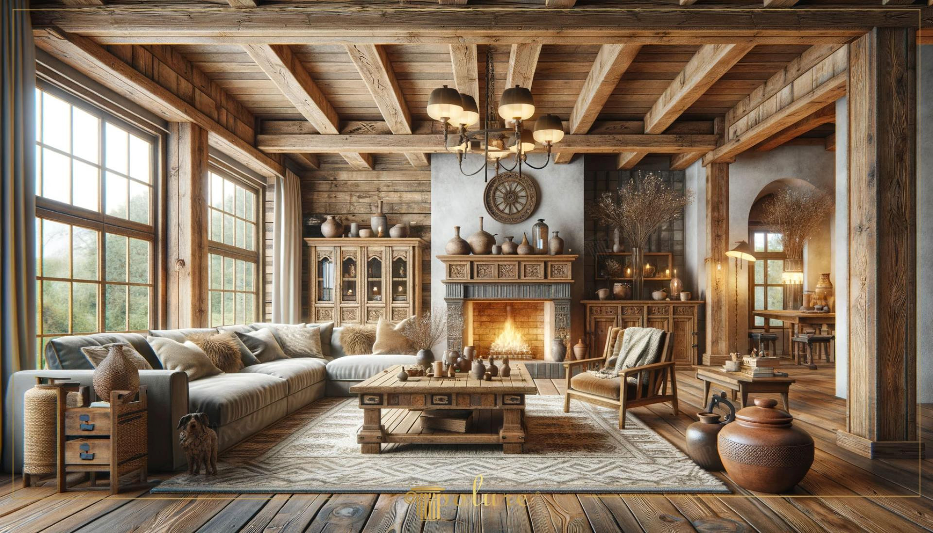 Living rustic decorat cu grinzi din poliuretan pe tavan, șemineu din piatră și mobilier din lemn natural