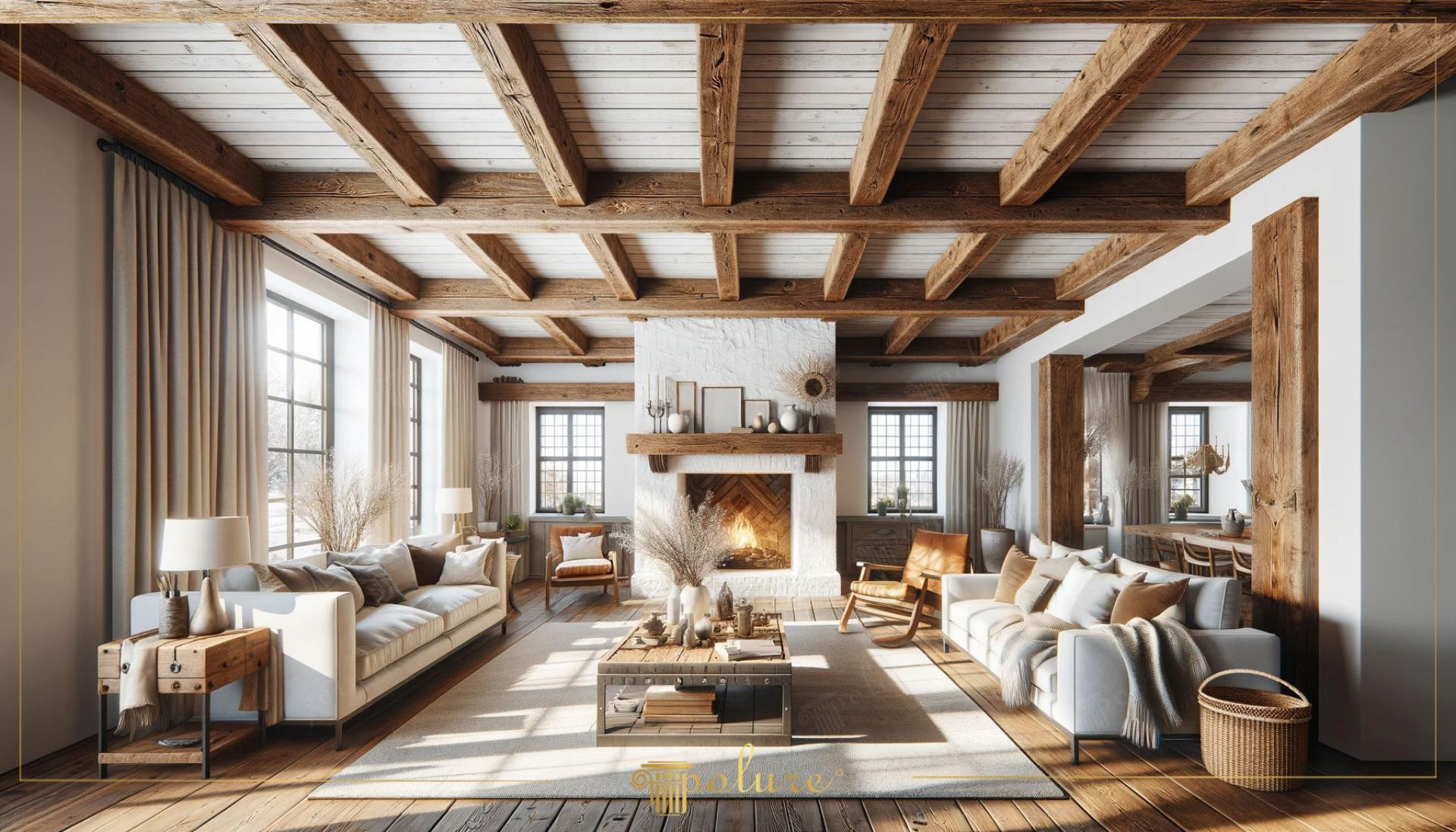 Living rustic luminos cu tavan casetat din grinzi din poliuretan model P1981 și șemineu alb din piatră.