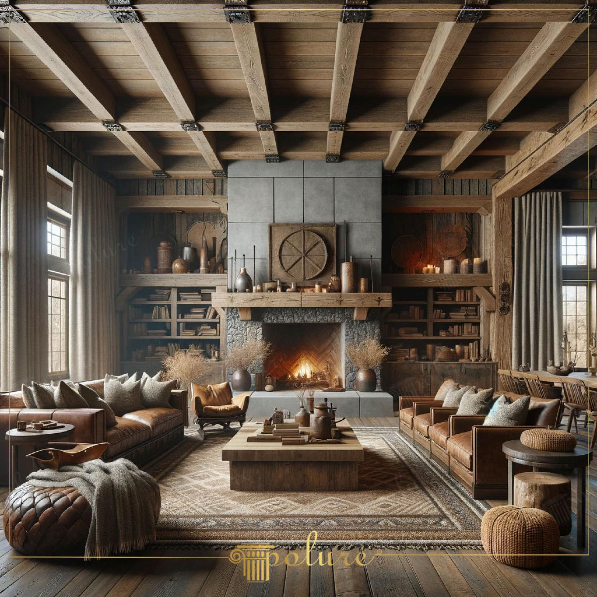 Tavan înalt casetat cu grinzi decorative din poliuretan aspect lemn rustic într-un salon cu șemineu din piatră