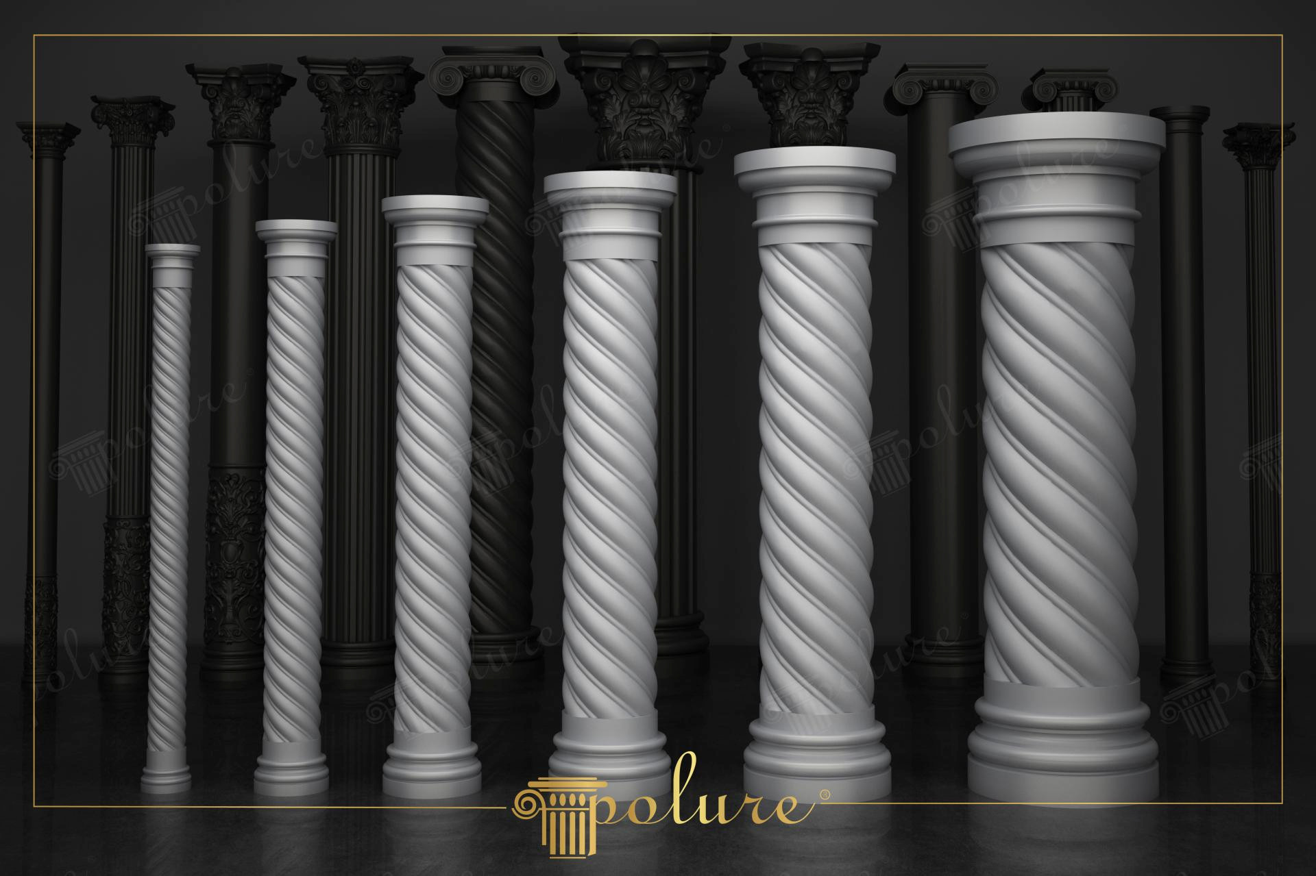 Coloane decorative din poliuretan cu caneluri răsucite și profiluri clasice expuse pe fundal neutru.