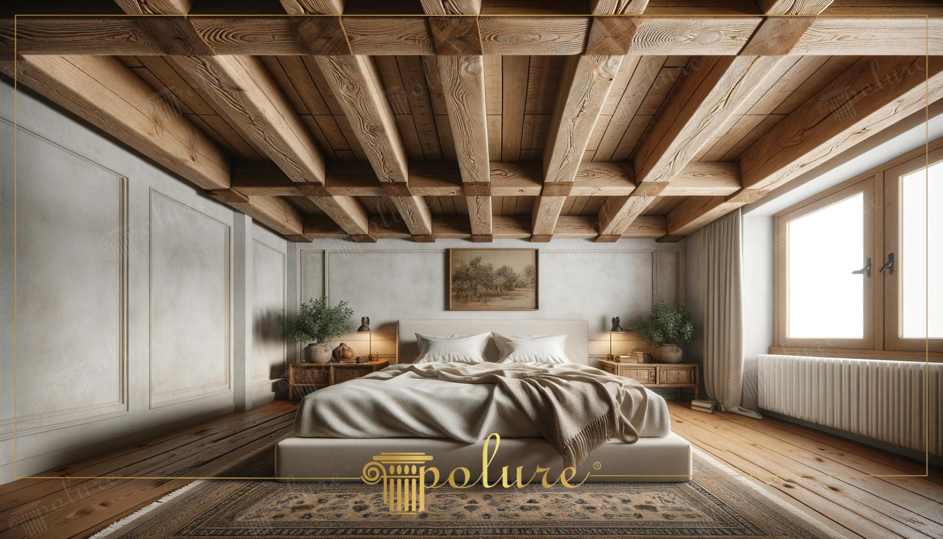Plafon casetat cu grinzi din poliuretan aspect lemn rustic în dormitor luminos cu perete decorativ