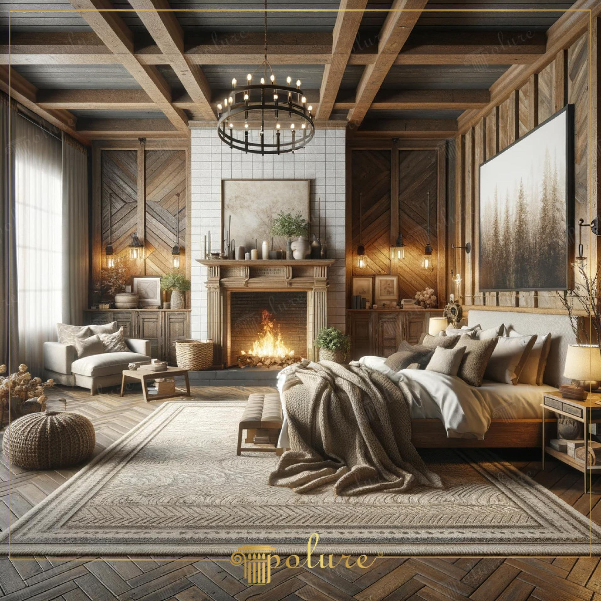 Dormitor rustic cu tavan casetat din grinzi de poliuretan, șemineu decorativ încadrat și mobilier din lemn natur