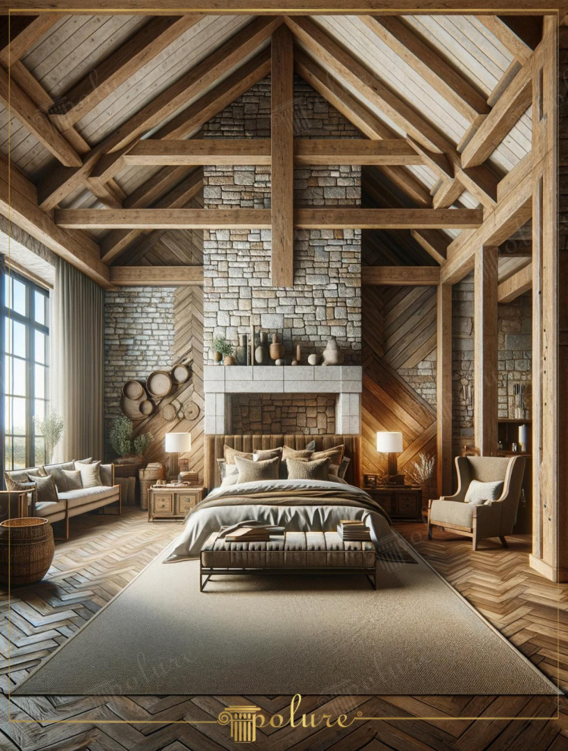 Dormitor rustic cu tavan înalt decorat cu grinzi decorative din poliuretan P1981 și perete din piatră naturală.