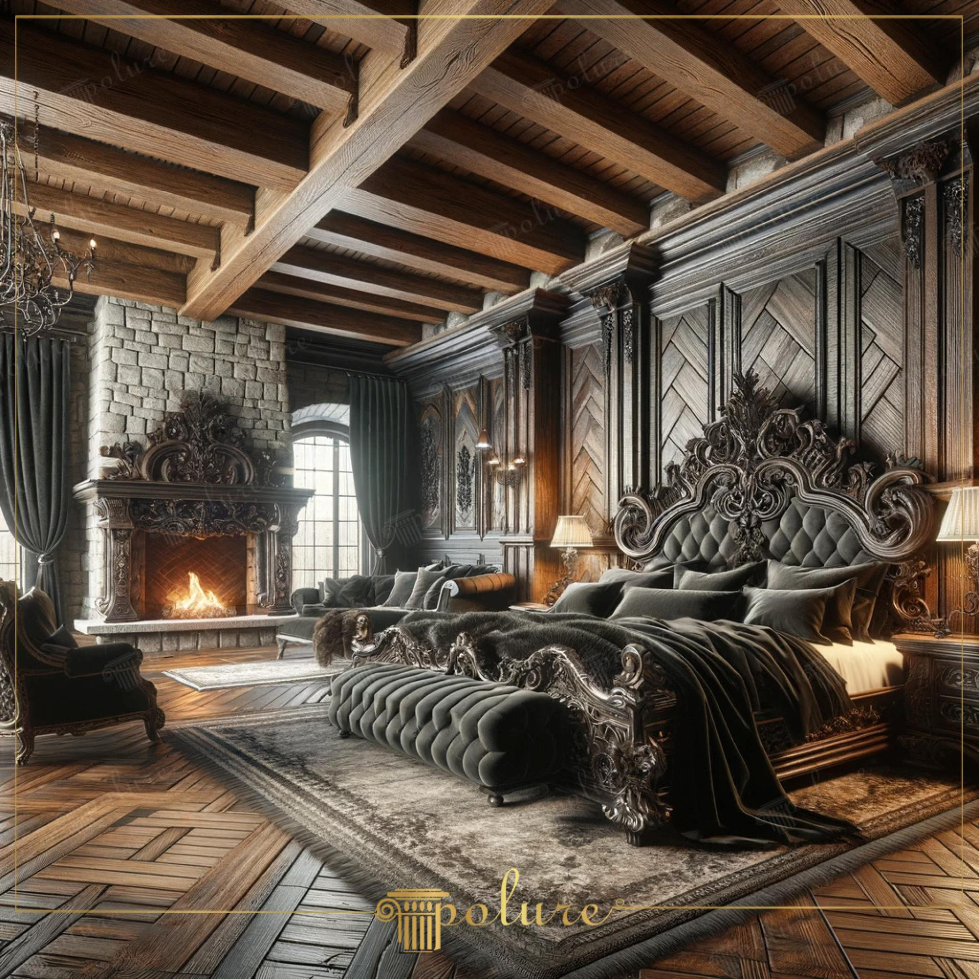Dormitor rustic de lux cu grinzi din poliuretan montate pe tavanul din lemn și mobilier clasic sculptat