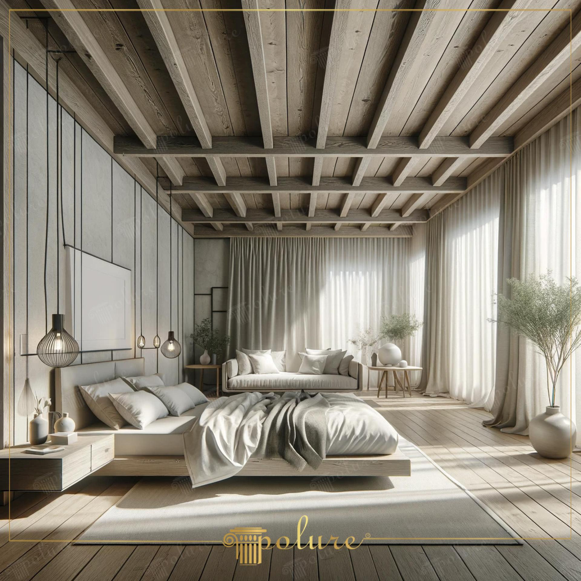 Tavan decorat cu grinzi din poliuretan în dormitor rustic modern cu iluminat suspendat și tonuri neutre.