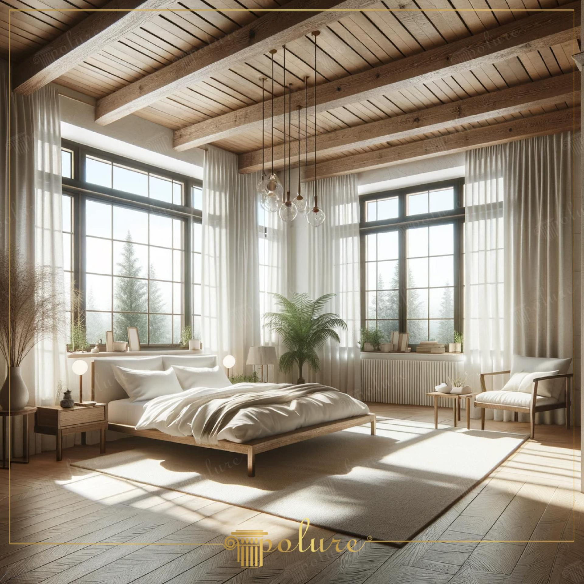 Dormitor luminos cu plafon din grinzi decorative din poliuretan profil P1981, stil rustic modern și ferestre mari.