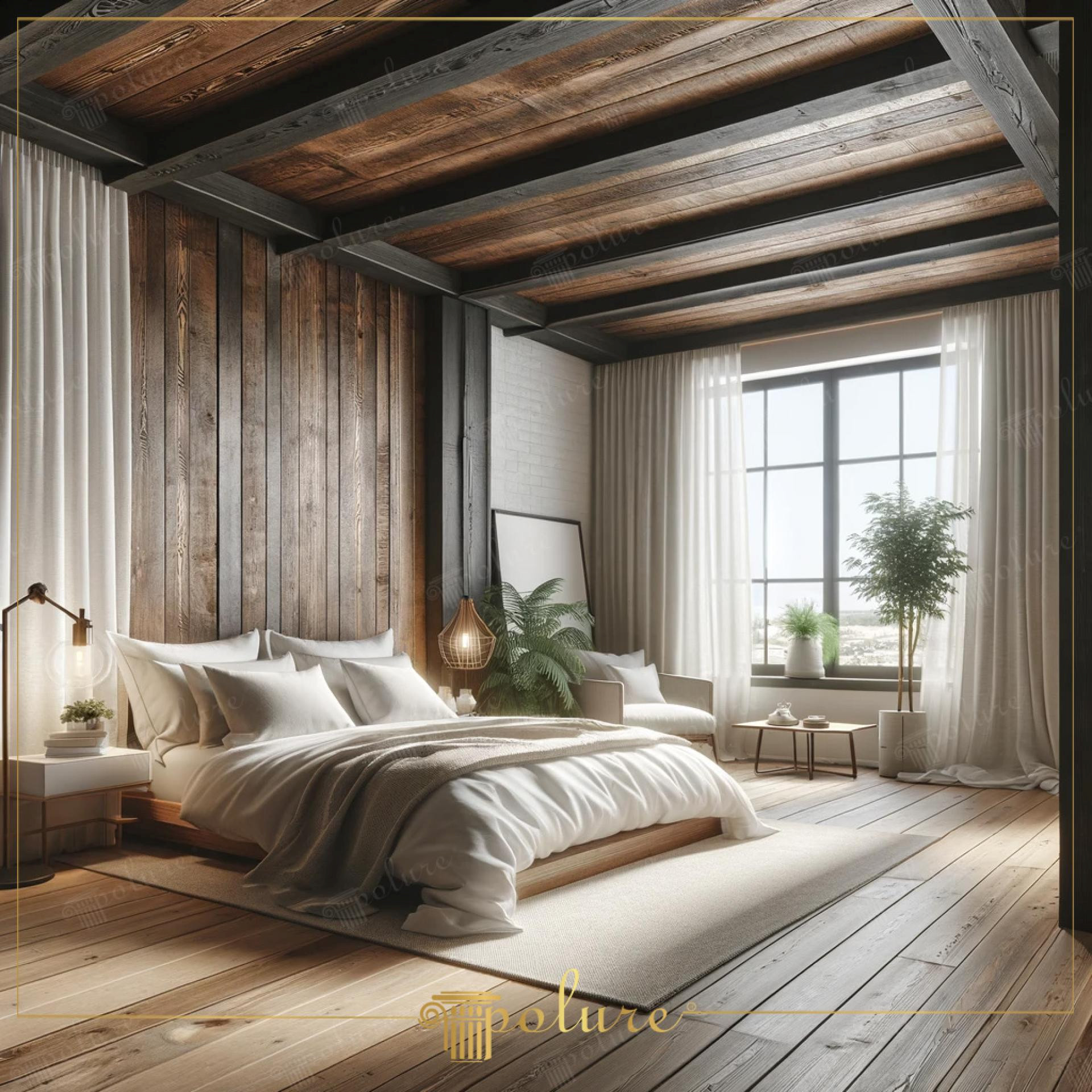 Dormitor rustic modern cu grinzi decorative din poliuretan pe tavan și panouri din lemn în nuanțe închise