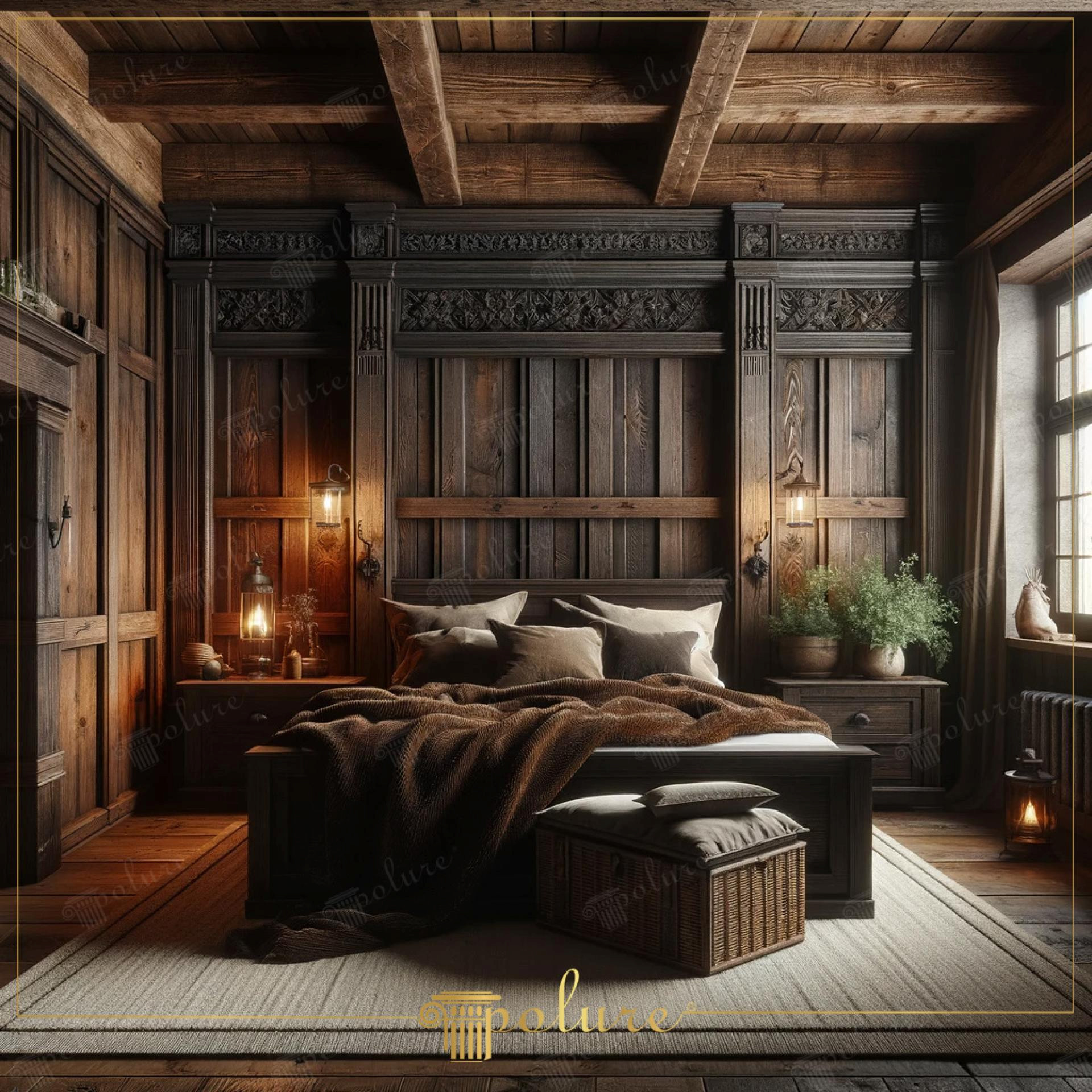 Dormitor rustic amenajat cu grinzi decorative din poliuretan pe tavan și panouri din lemn profilat pe perete