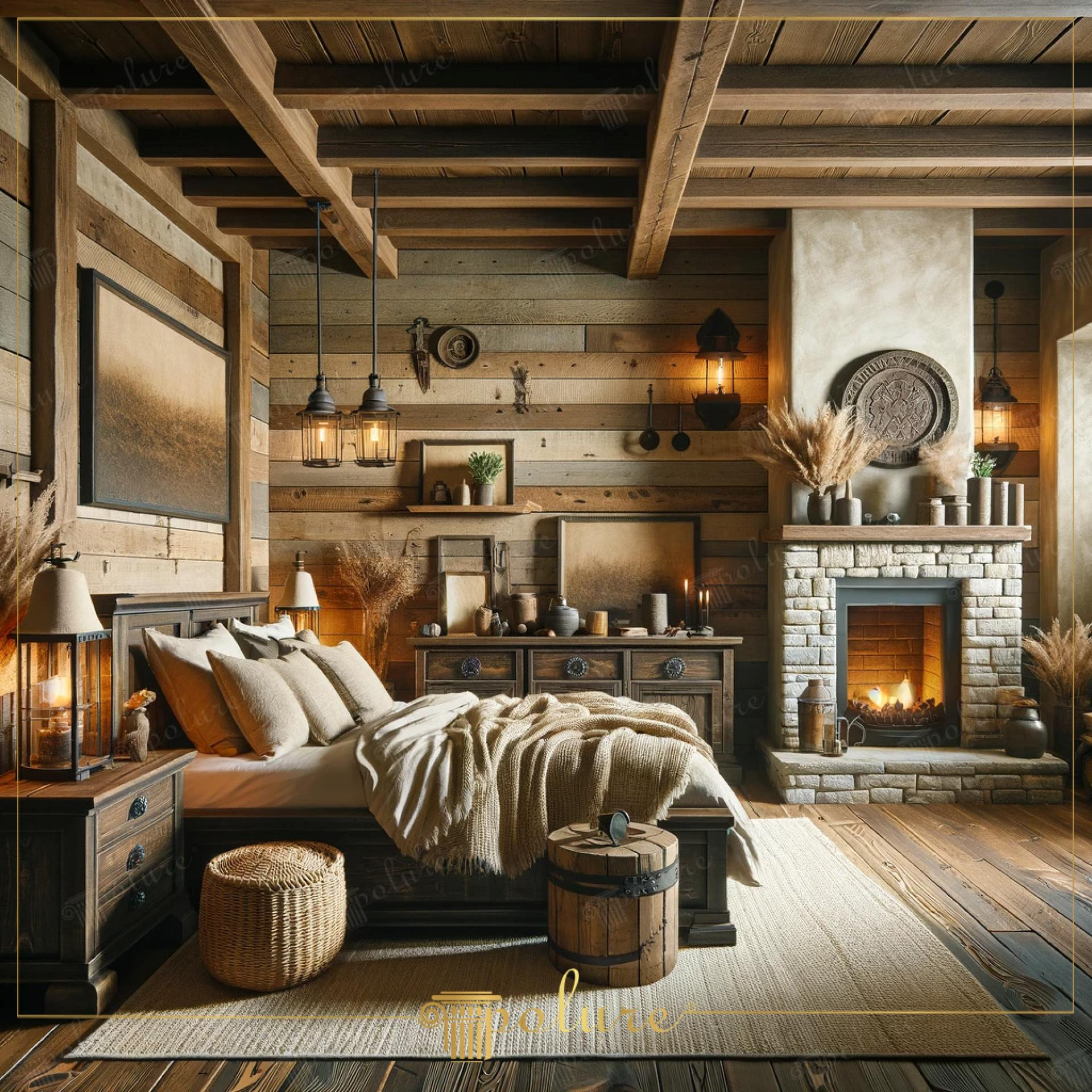 Dormitor rustic cu grinzi poliuretan pe tavan, șemineu din piatră și decorațiuni din lemn natur Decorativex
