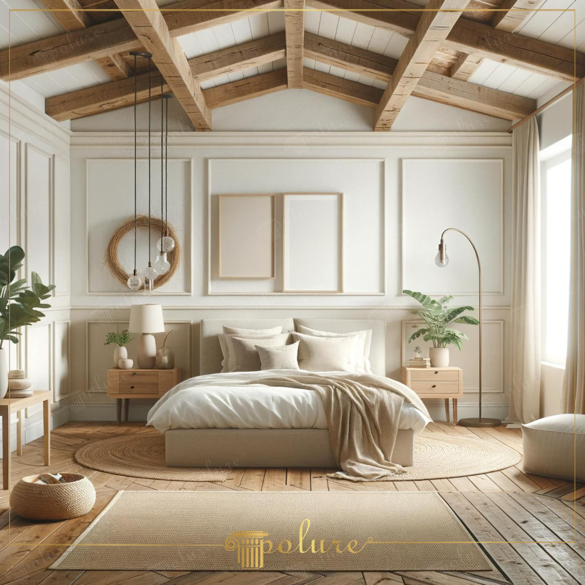 Tavan cu grinzi decorative din poliuretan în dormitor rustic luminos cu ancadramente pe perete și tonuri calde.