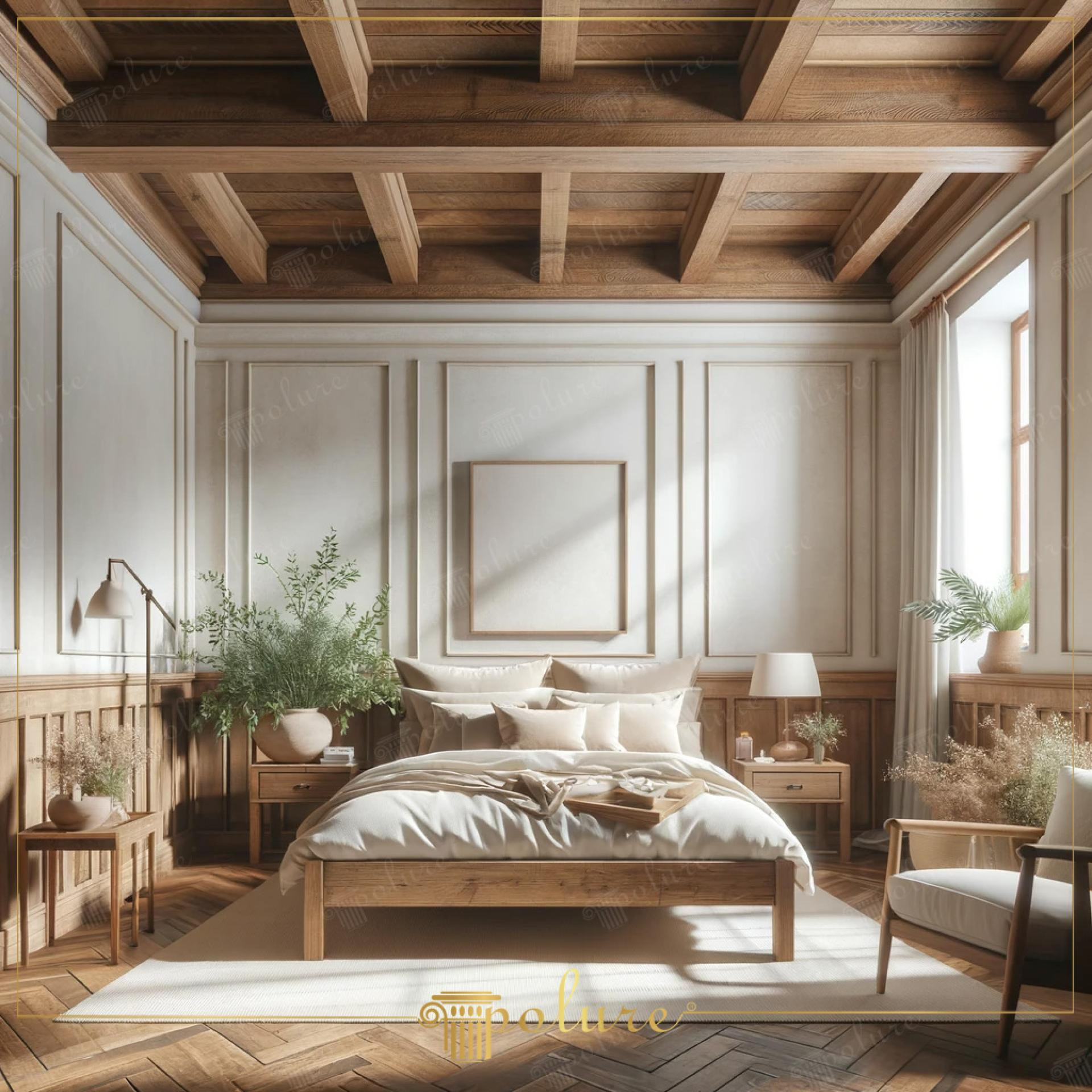 Dormitor rustic amenajat cu grinzi decorative din poliuretan pe tavan și lambriuri din profile poliuretanice.