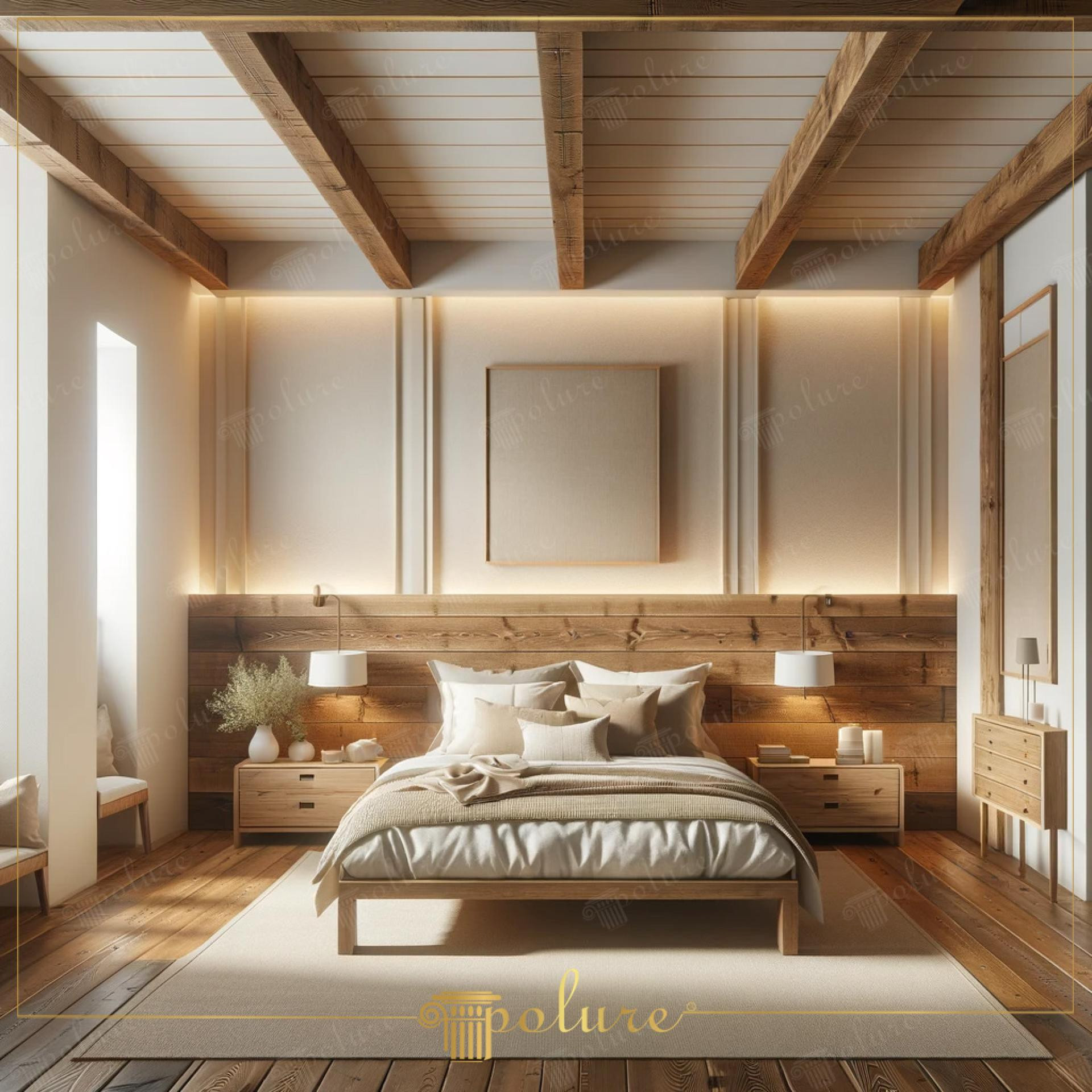 Dormitor rustic modern cu grinzi din poliuretan pe tavan, tăblie de pat din lemn și iluminat LED cald.