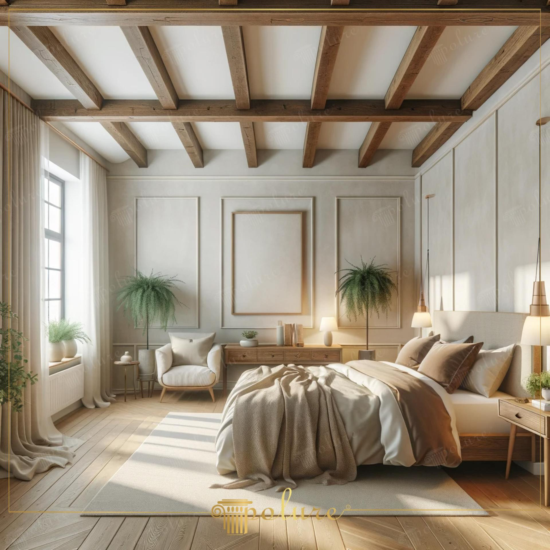 Dormitor rustic modern cu grinde decorative din poliuretan pe tavan și panouri profilate pe perete.