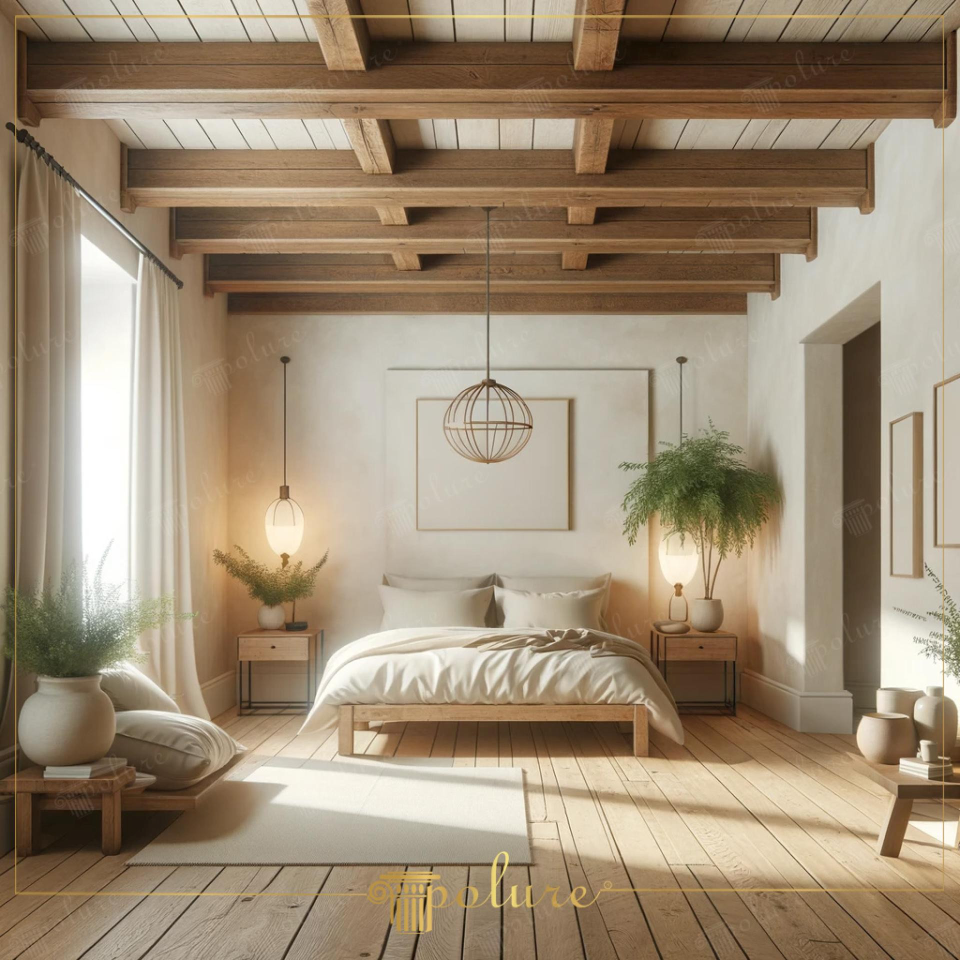 Dormitor rustic luminos cu grinzi decorative din poliuretan P1981 montate pe tavan în caroiaj simetric.