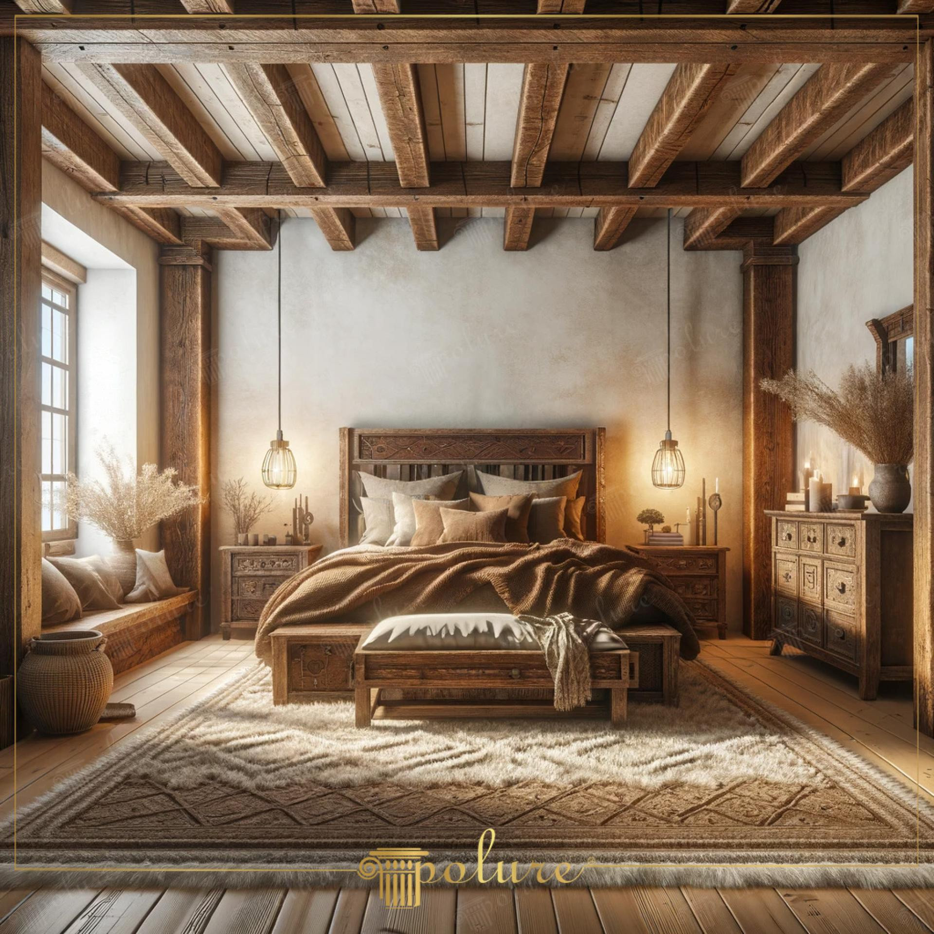 Dormitor rustic elegant cu grinzi decorative din poliuretan pe tavan și corpuri de iluminat suspendate.