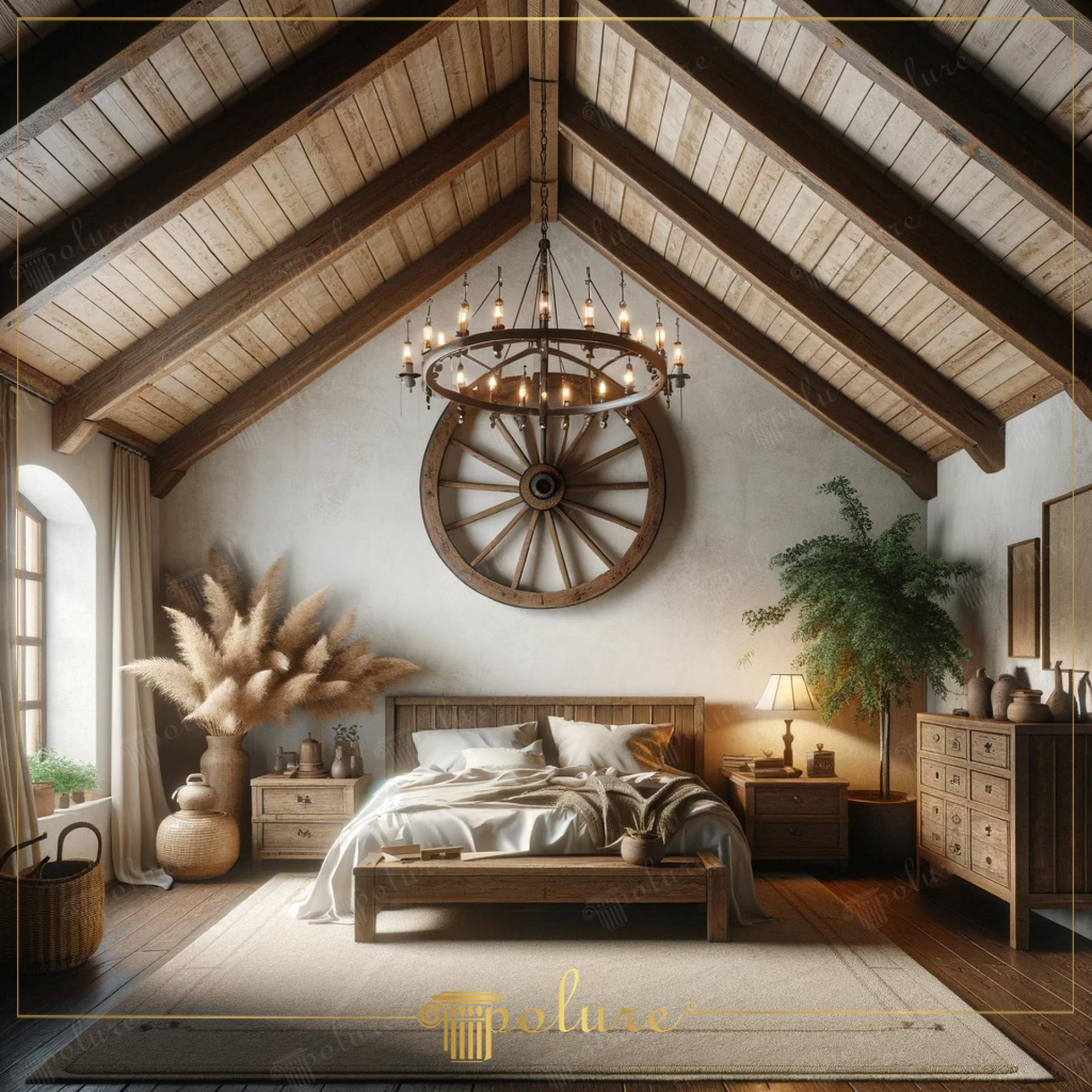Tavan mansardat amenajat cu grinzi decorative din poliuretan P1981 și lustră rustică în dormitor elegant.