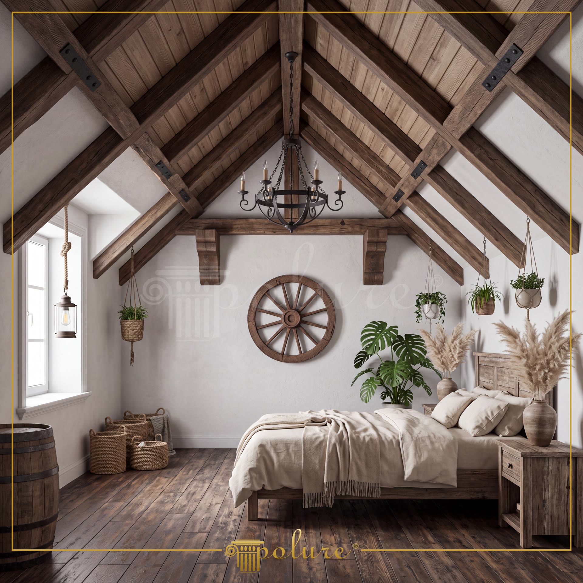 Dormitor la mansardă cu grinzi decorative din poliuretan pe tavan înclinat și decor rustic din lemn.