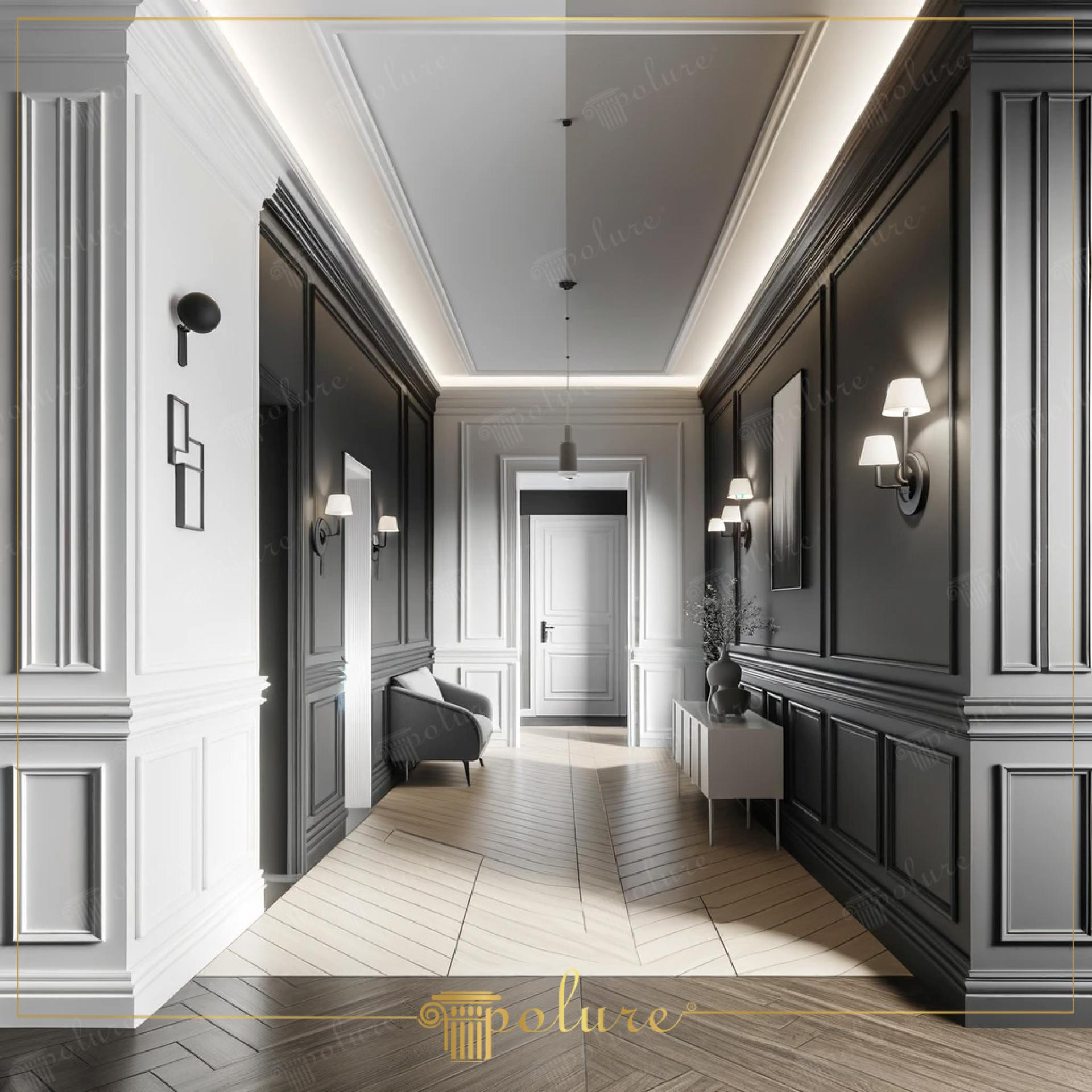 Coridor modern amenajat cu profile din poliuretan, perete antracit cu panouri decorative și iluminat ambiental LED