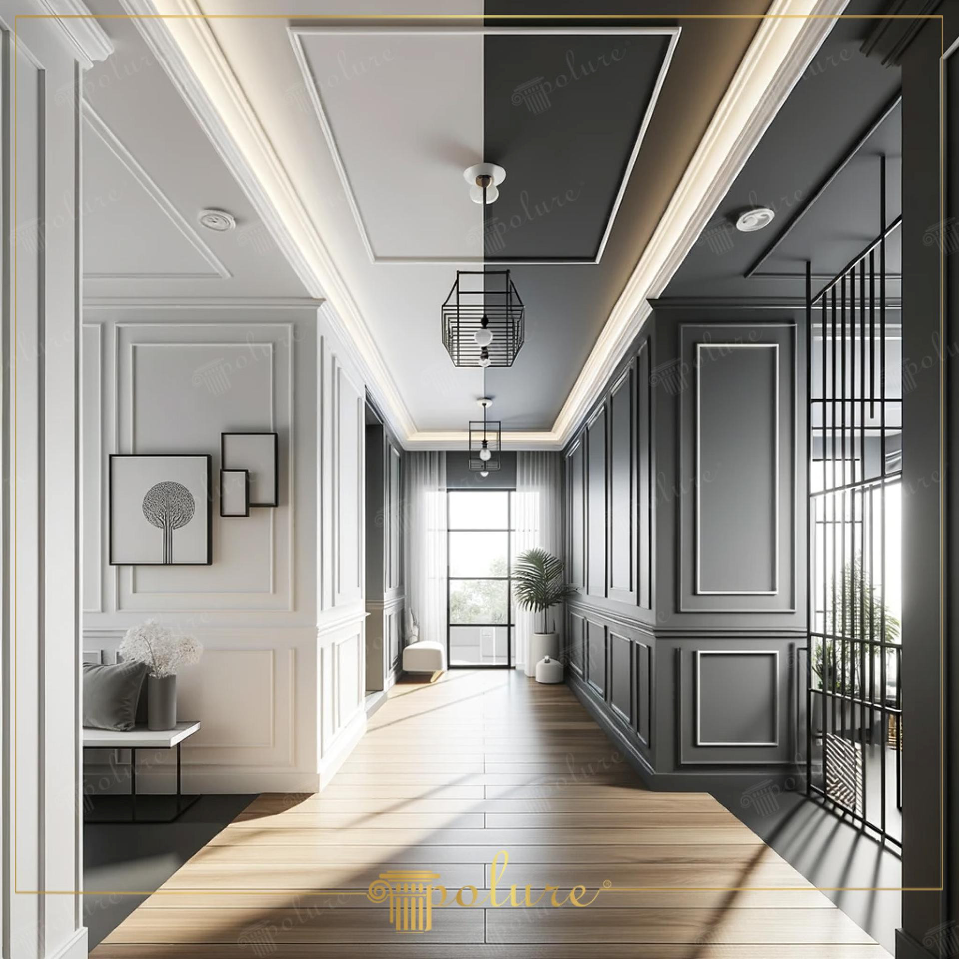Hol modern cu profiluri decorative din poliuretan pe pereți și tavan, într-un design alb-negru simetric.