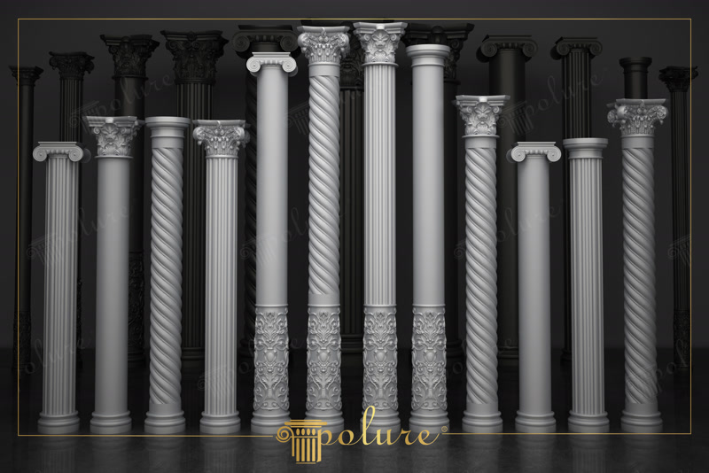 Gama de coloane decorative din poliuretan cu texturi canelate și răsucite, capiteluri corintice și baze sculptate pe fundal închis.