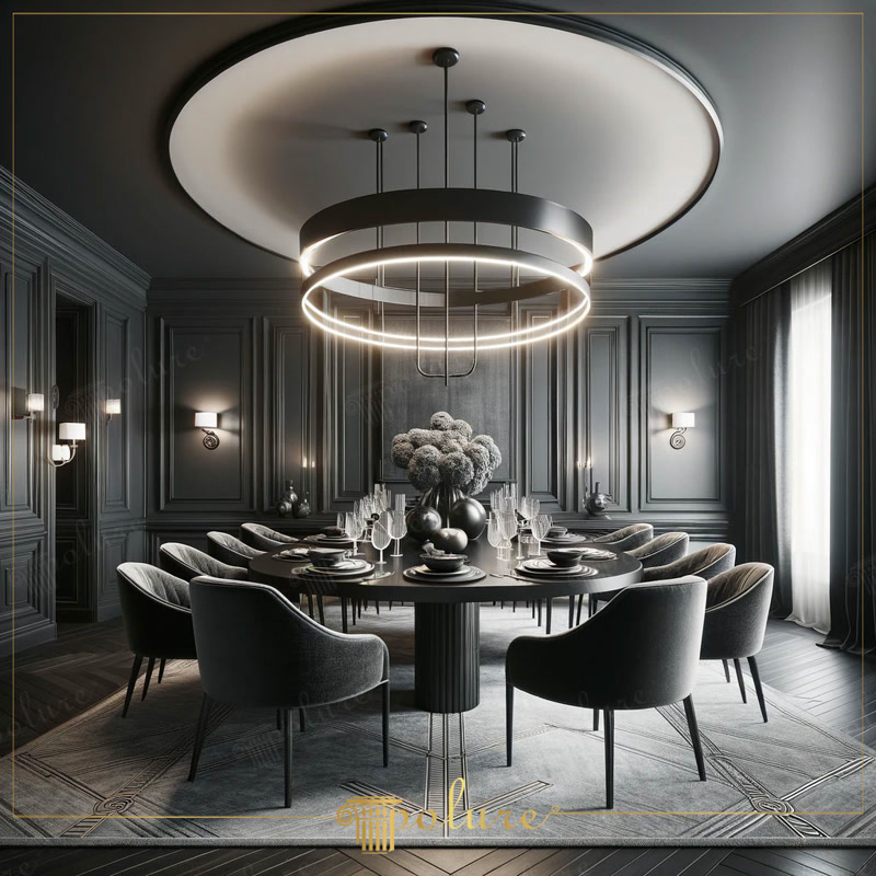 Dining neo-clasic cu pereți casetați în nuanță antracit, lustră circulară dublă și ancadramente din poliuretan.