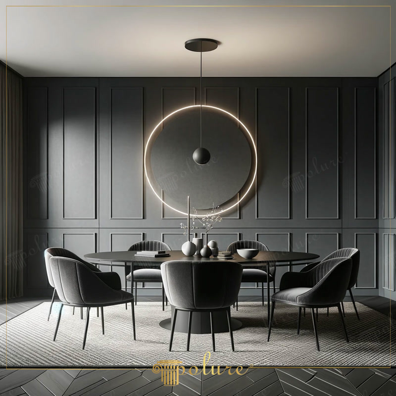Dining modern cu perete antracit decorat cu profile din poliuretan în ancadramente dreptunghiulare și cerc luminos.