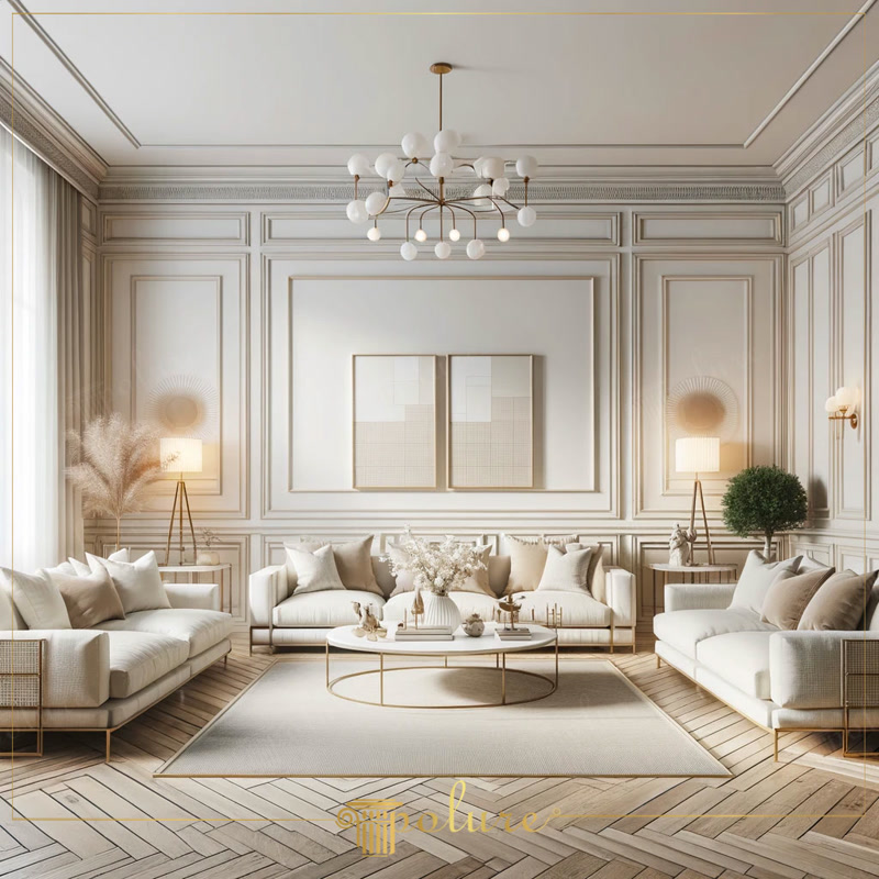 Amenajare living clasic reinterpretat cu profile din poliuretan, baghete decorative si ancadramente duble pe perete