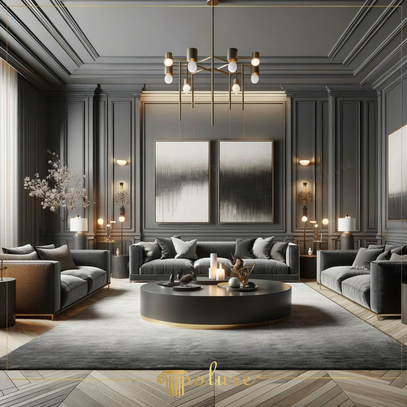 Amenajare living clasic cu ancadramente din profil poliuretan pe perete gri antracit și mobilier elegant.