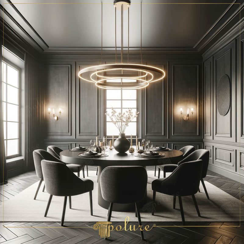 Sufragerie modernă cu panouri din poliuretan antracit pe pereți, masă rotundă de dining și candelabru circular