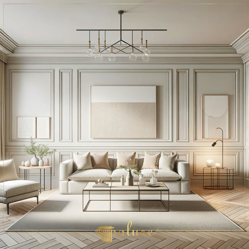 Sufragerie spațioasă cu perete decorat cu baghete din poliuretan în stil clasic reinterpretat și mobilier bej