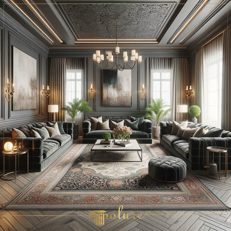 Panouri decorative din profile de poliuretan pe perete gri antracit în living neoclasic cu candelabru din alamă.