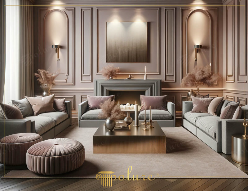 Design de living modern cu chenare din profil poliuretan pe perete, șemineu central și nuanțe calde pastelate.
