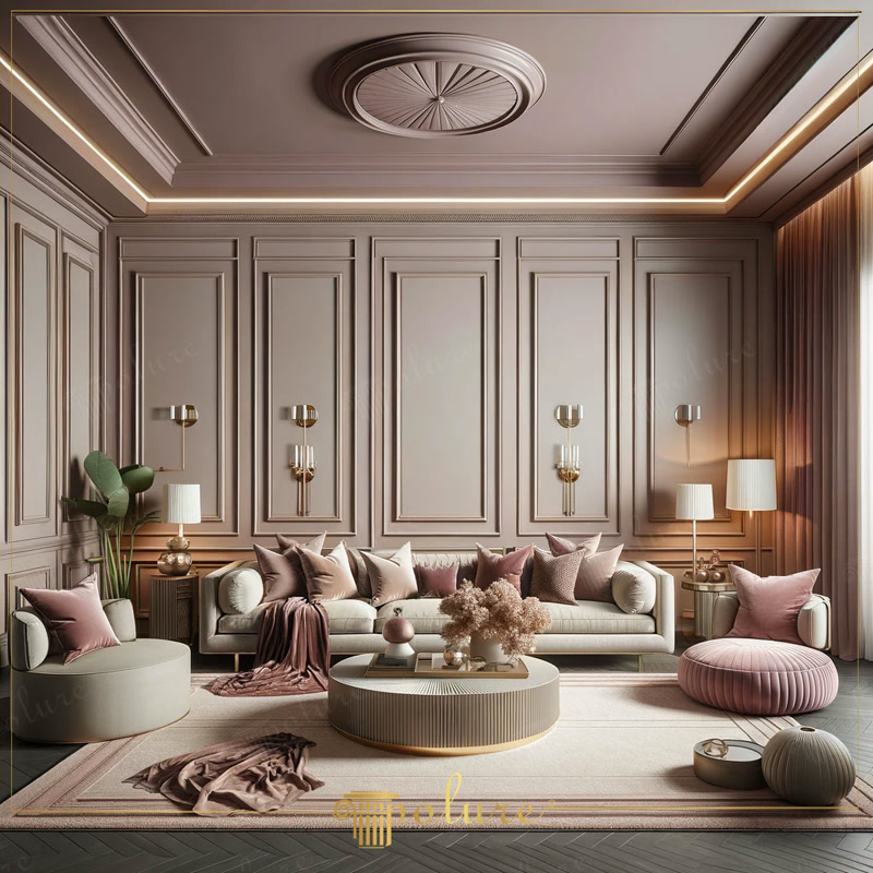 Amenajare living clasic reinterpretat cu stucaturi din poliuretan, panouri parietale decorative și iluminat indirect.