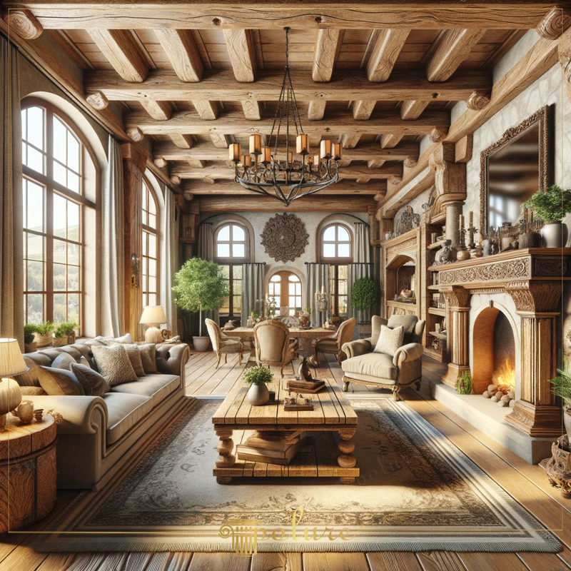 Living rustic cu grinzi și căpriori din poliuretan P1981 pe tavan înalt, șemineu din piatră și mobilier din lemn
