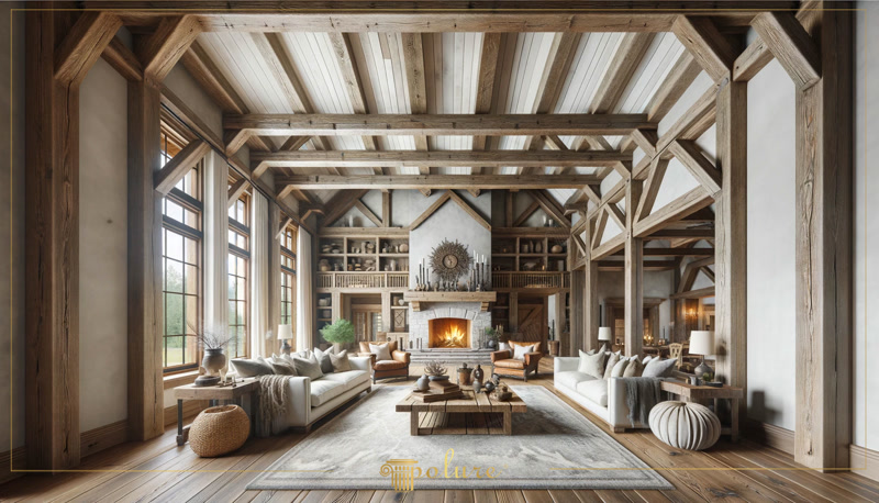 Living spațios cu tavan înalt decorat cu grinzi din poliuretan P1981 în stil rustic și șemineu din piatră.